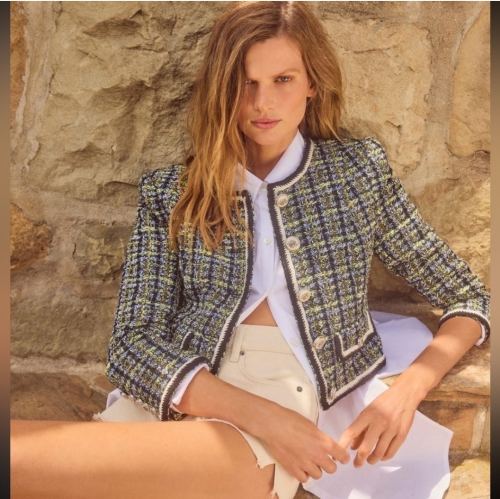 Veronica Beard Ceres Tweed Jacket in Navy Chartreuse size 6 - Picture 6 of 14